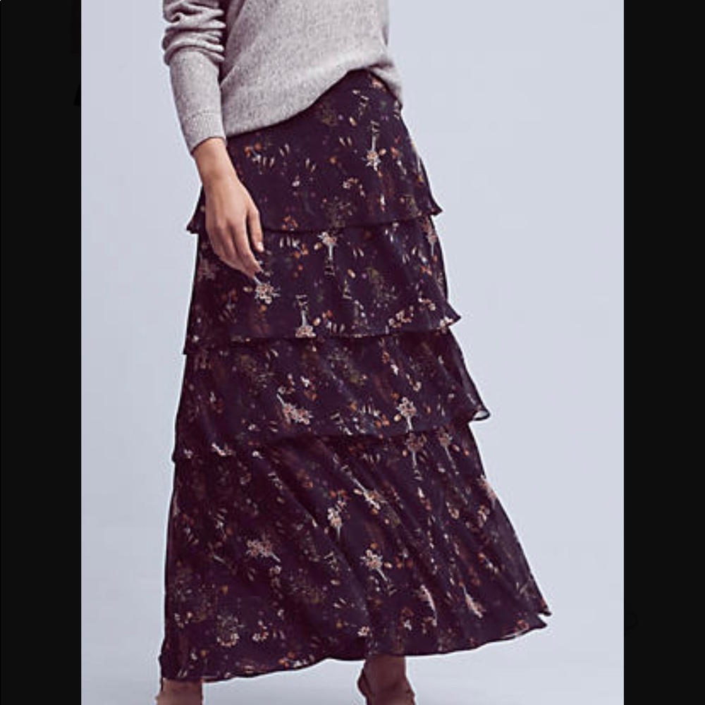 🆕 Anthropologie navy floral tiered maxi skirt
